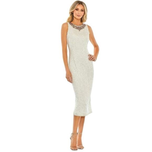 MAC DUGGAL White Jeweled High Neck Sequin Sheath Dress NWT Size 8 - Picture 1 of 12